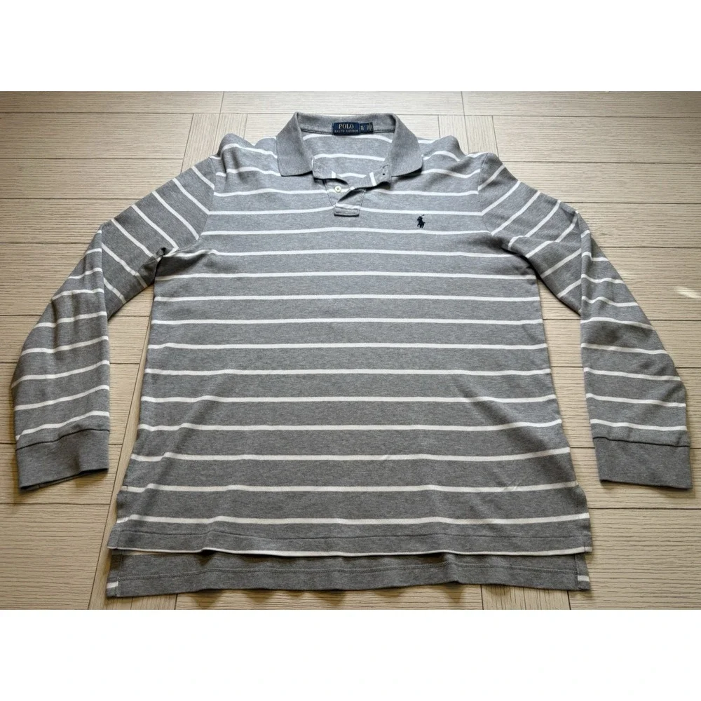 Polo by Ralph Lauren Mens Long Sleeve Gray‎ White Stripe Polo Shirt Navy Logo XL